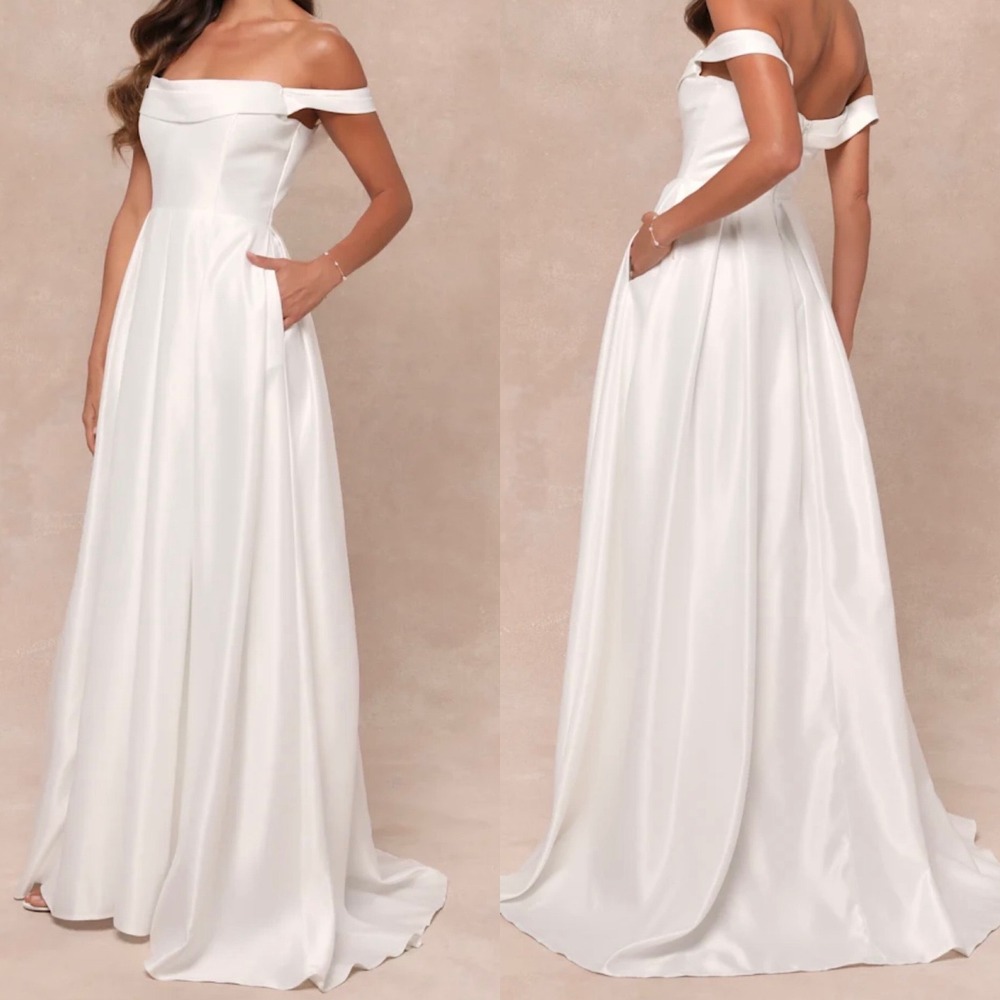 NWOT Lulus SZ Medium Extraordinary Vow White Off-the-Shoulder Maxi Dress Pockets